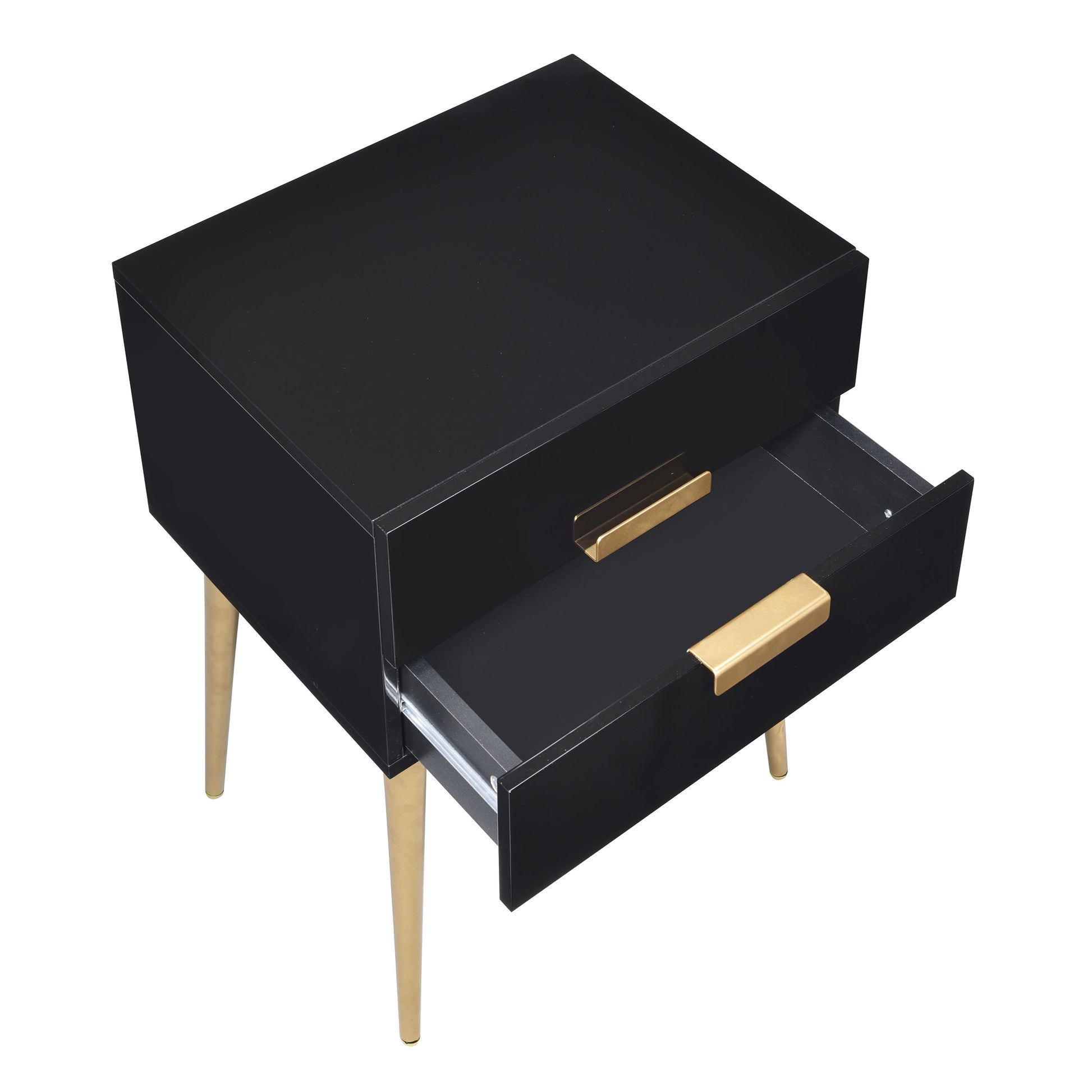 Sleek black nightstand with gold drawer pulls and tapered legs