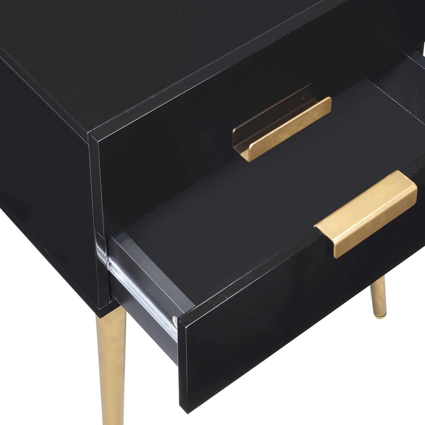 Sleek black bedside table with gold drawer pulls and tapered legs