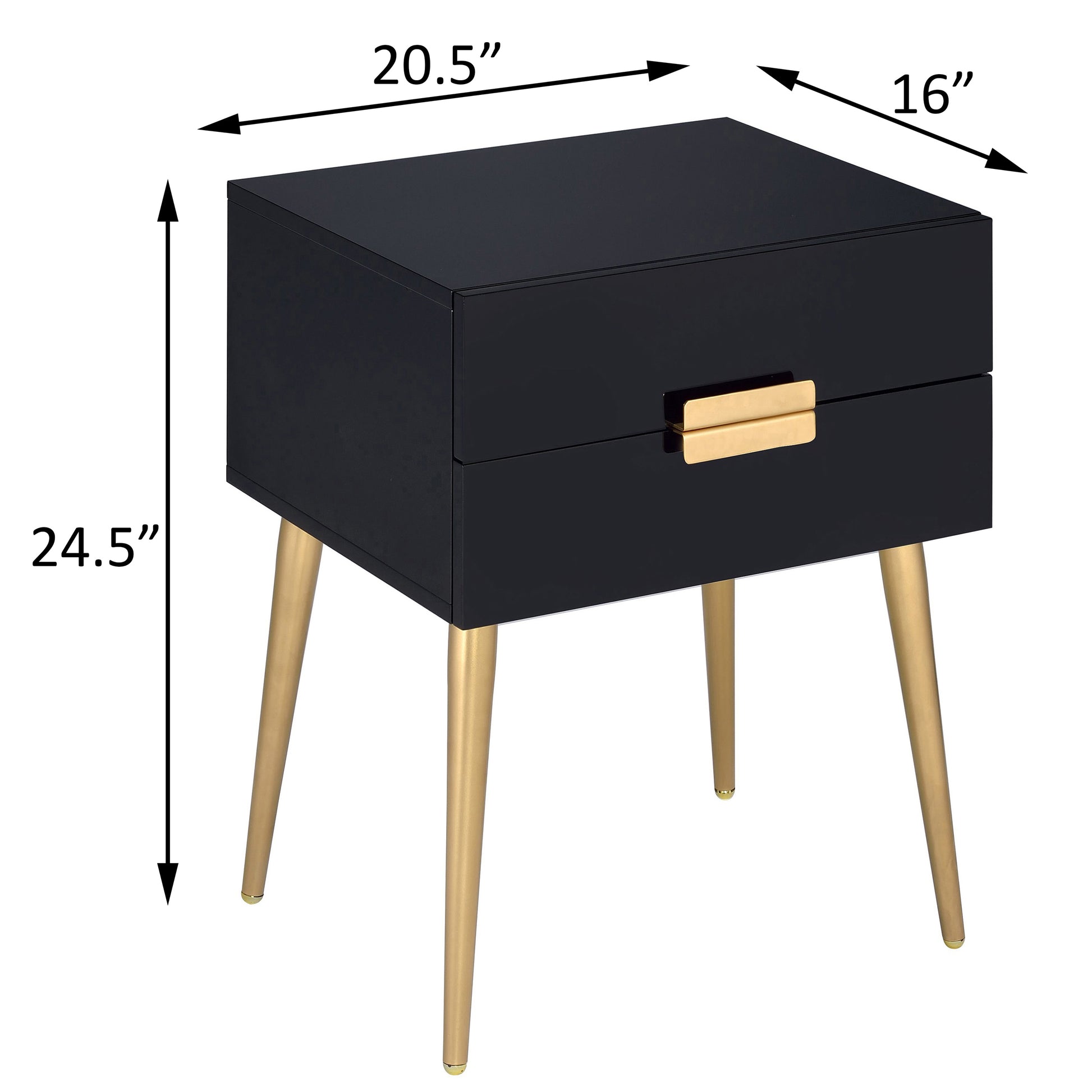 Black twodrawer nightstand with gold legs and drawer pulls