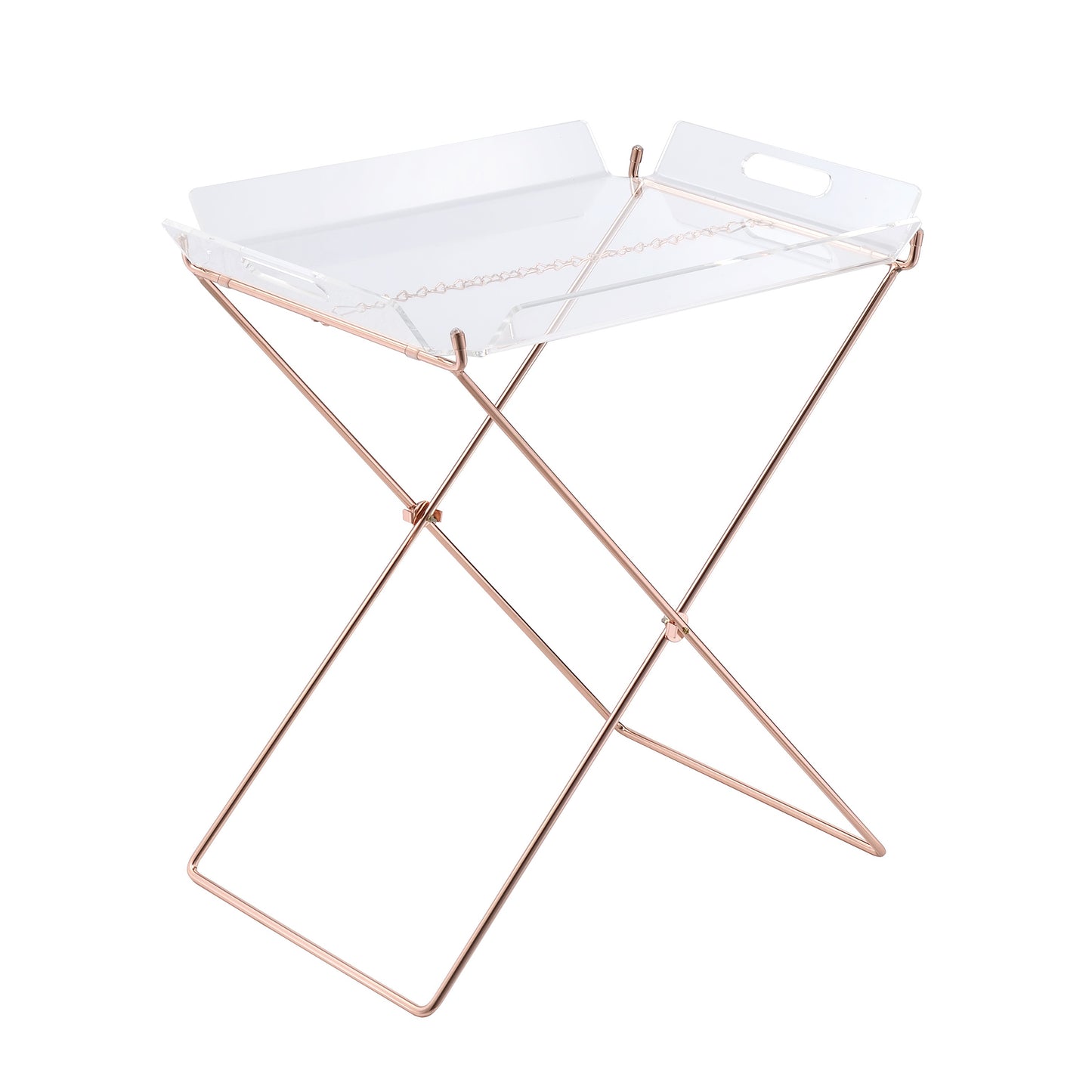 Clear acrylic tray with rose gold metal folding stand ideal for serving snacks