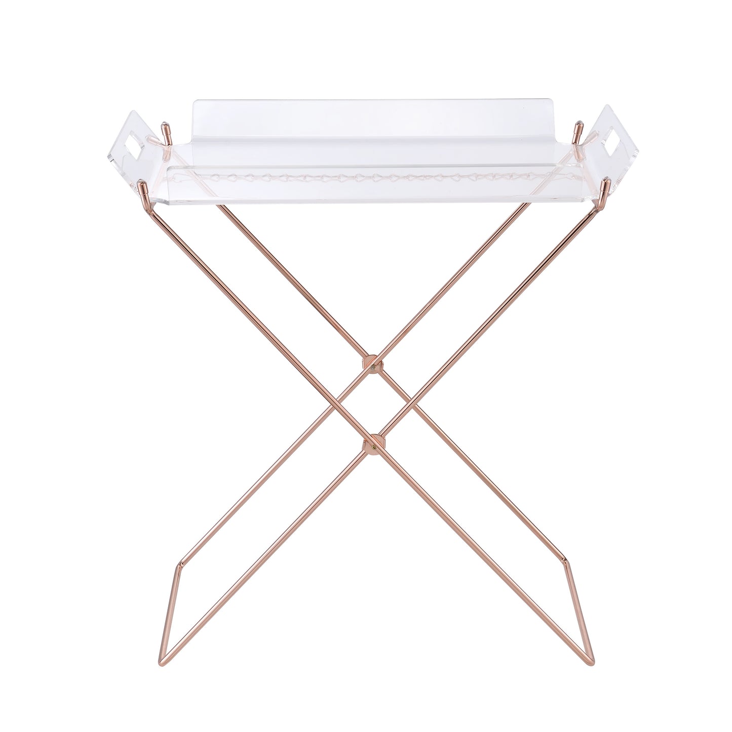 Clear acrylic tray with rose gold metal legs perfect for serving drinks