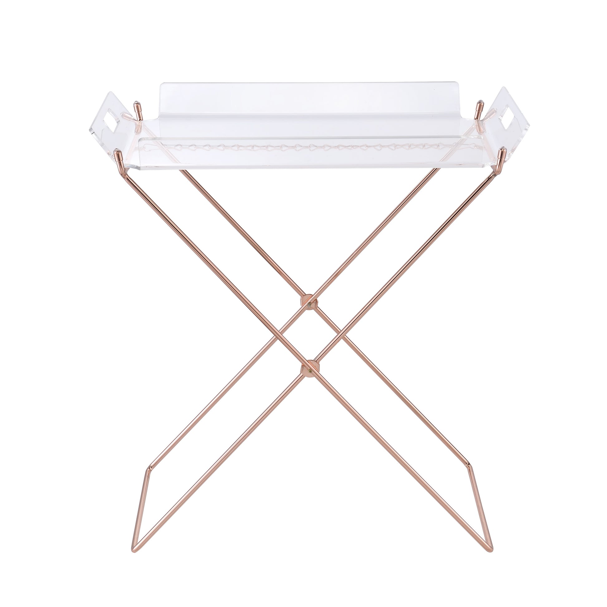 Clear acrylic tray with rose gold metal legs perfect for serving drinks