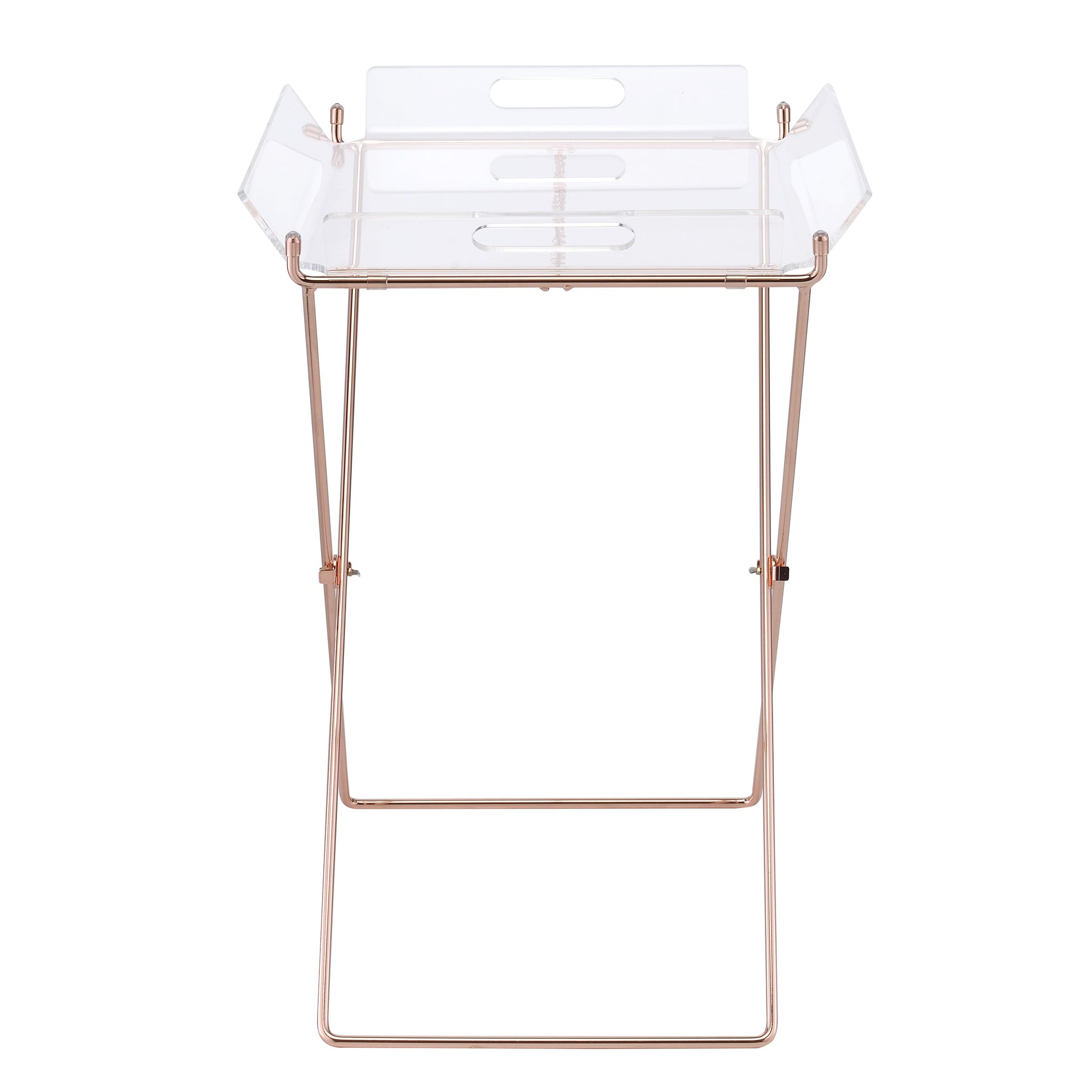 Clear acrylic tray with rose gold folding legs for serving drinks