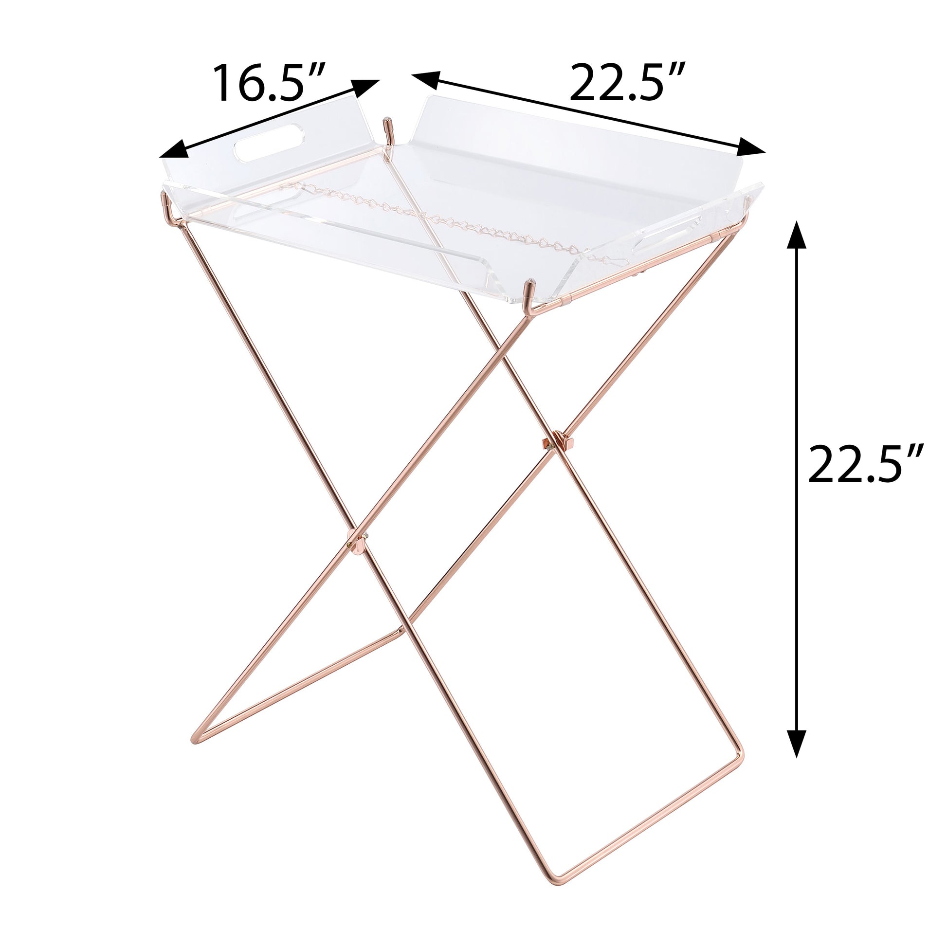Clear acrylic tray with rose gold folding stand ideal for serving drinks