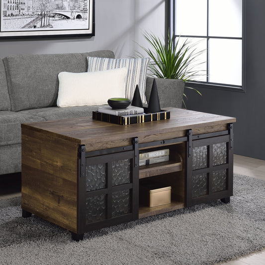 Rustic barn door coffee table with textured glass and metal accents