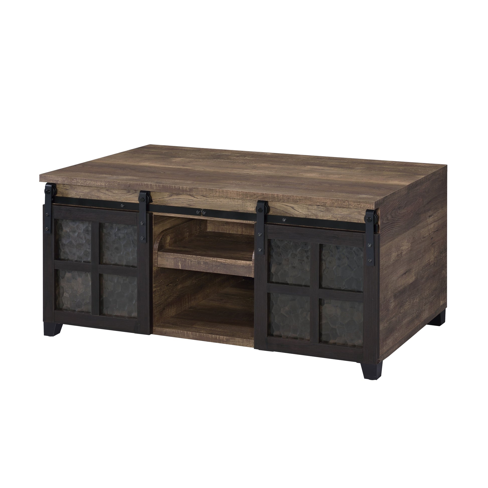 Rustic oak coffee table with sliding barn doors and textured glass panels