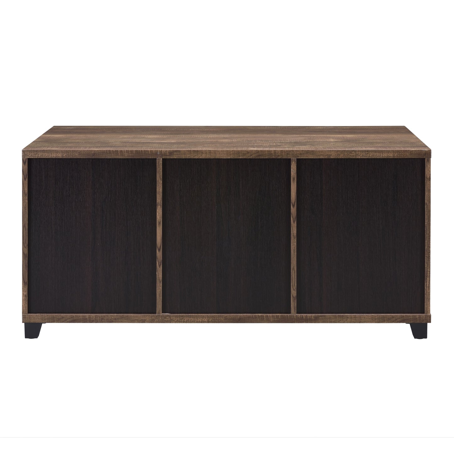 Dark oak wood cabinet with three divided sections suitable for media storage