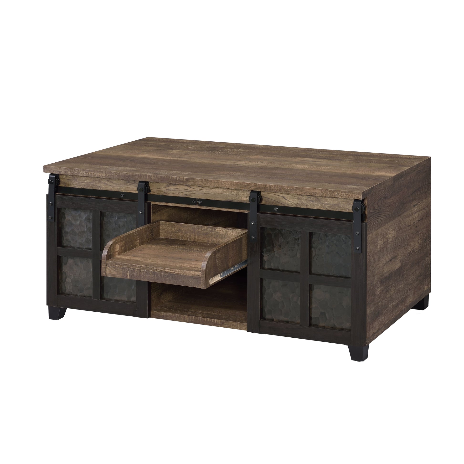 Rustic brown coffee table with sliding barn door accents and textured glass panels