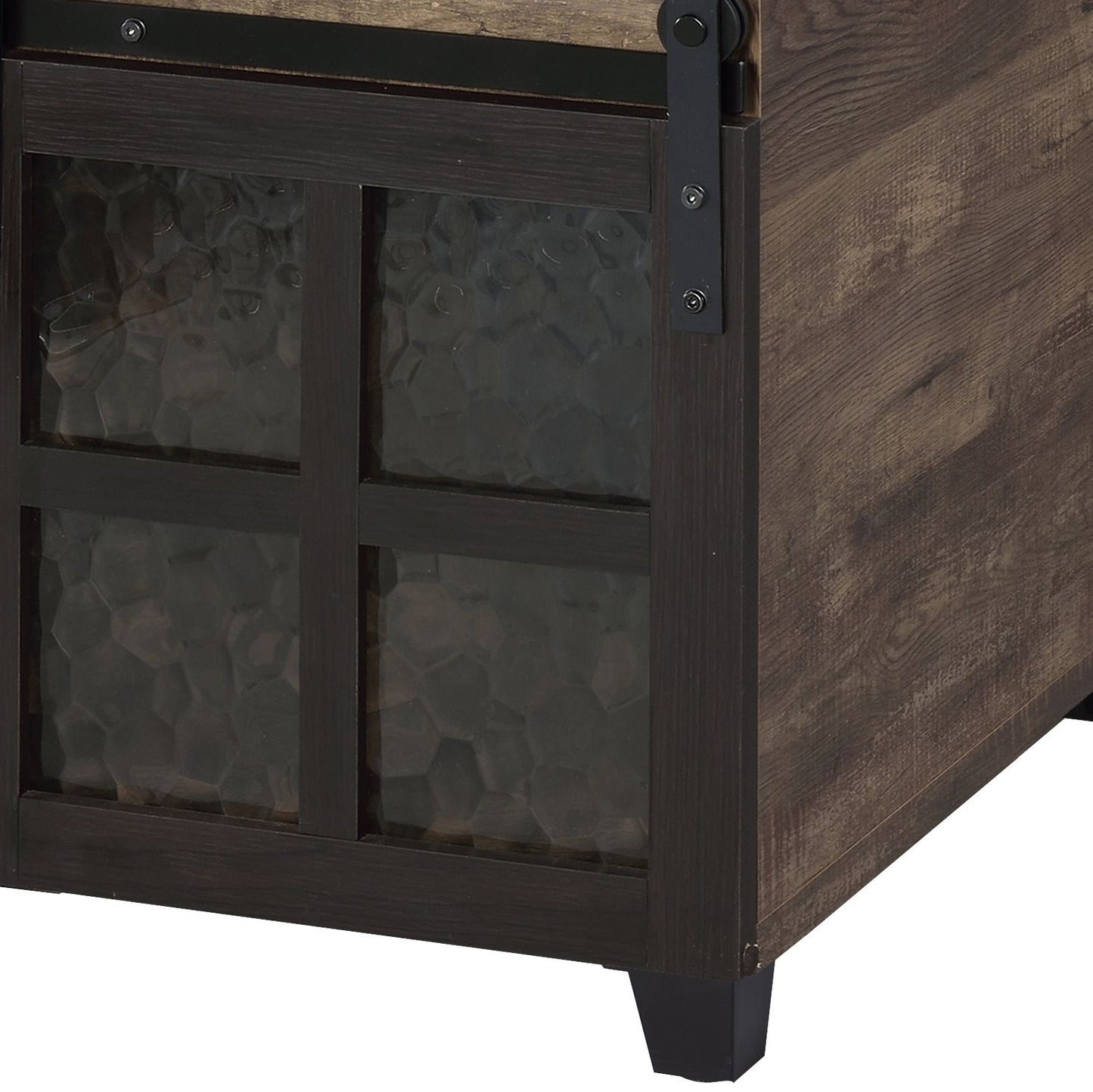 Rustic oak cabinet with frosted glass doors and sliding barn door hardware