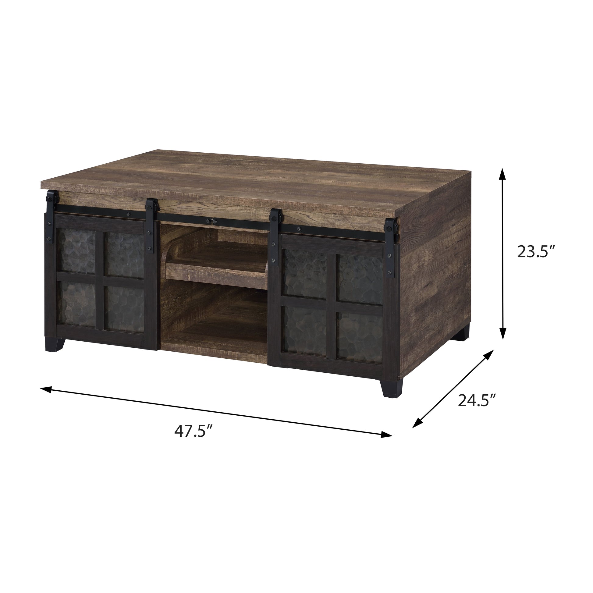 Rustic brown coffee table with sliding barn doors and textured glass panels
