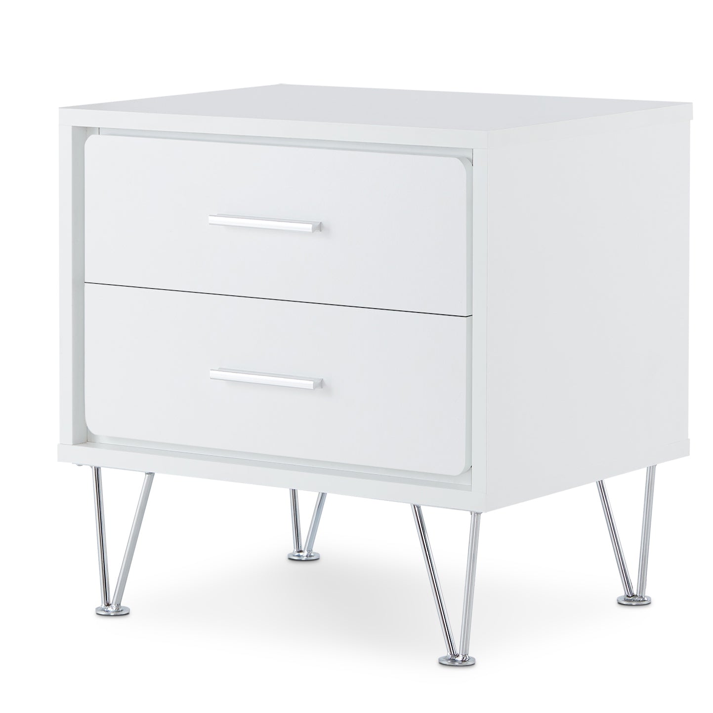 Sleek white twodrawer nightstand with chrome hairpin legs and silver handles