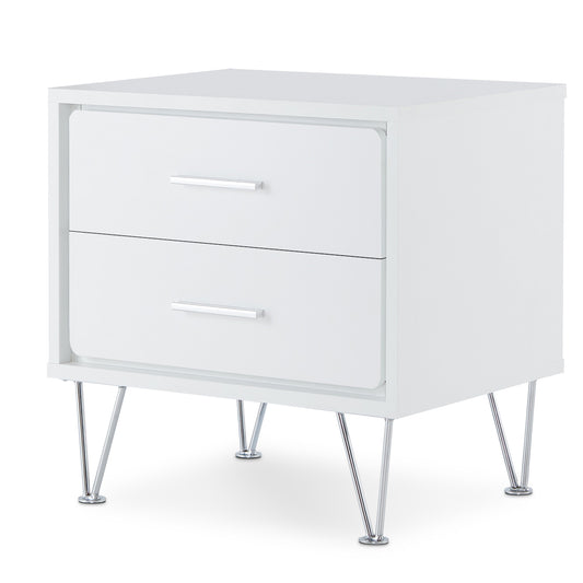 Sleek white twodrawer nightstand with chrome hairpin legs and silver handles