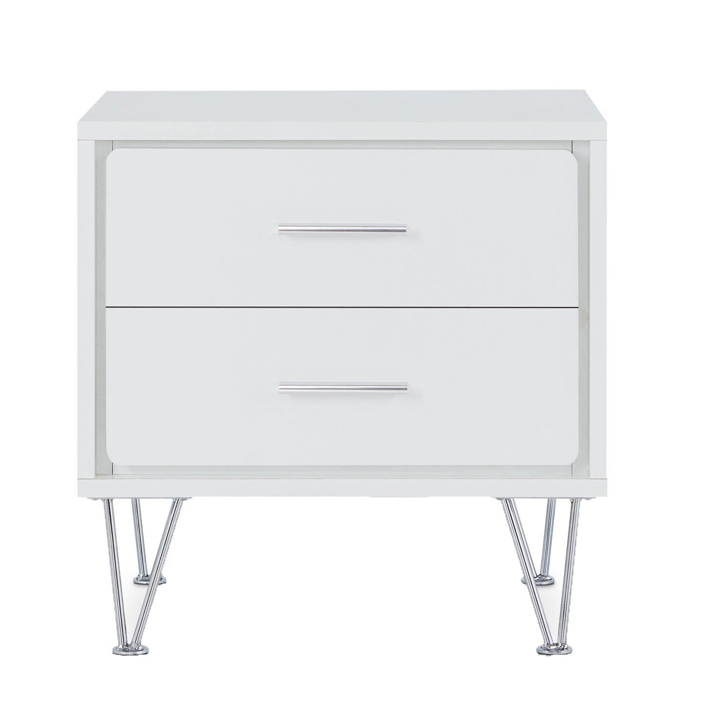 White modern nightstand with two drawers and silver hairpin legs