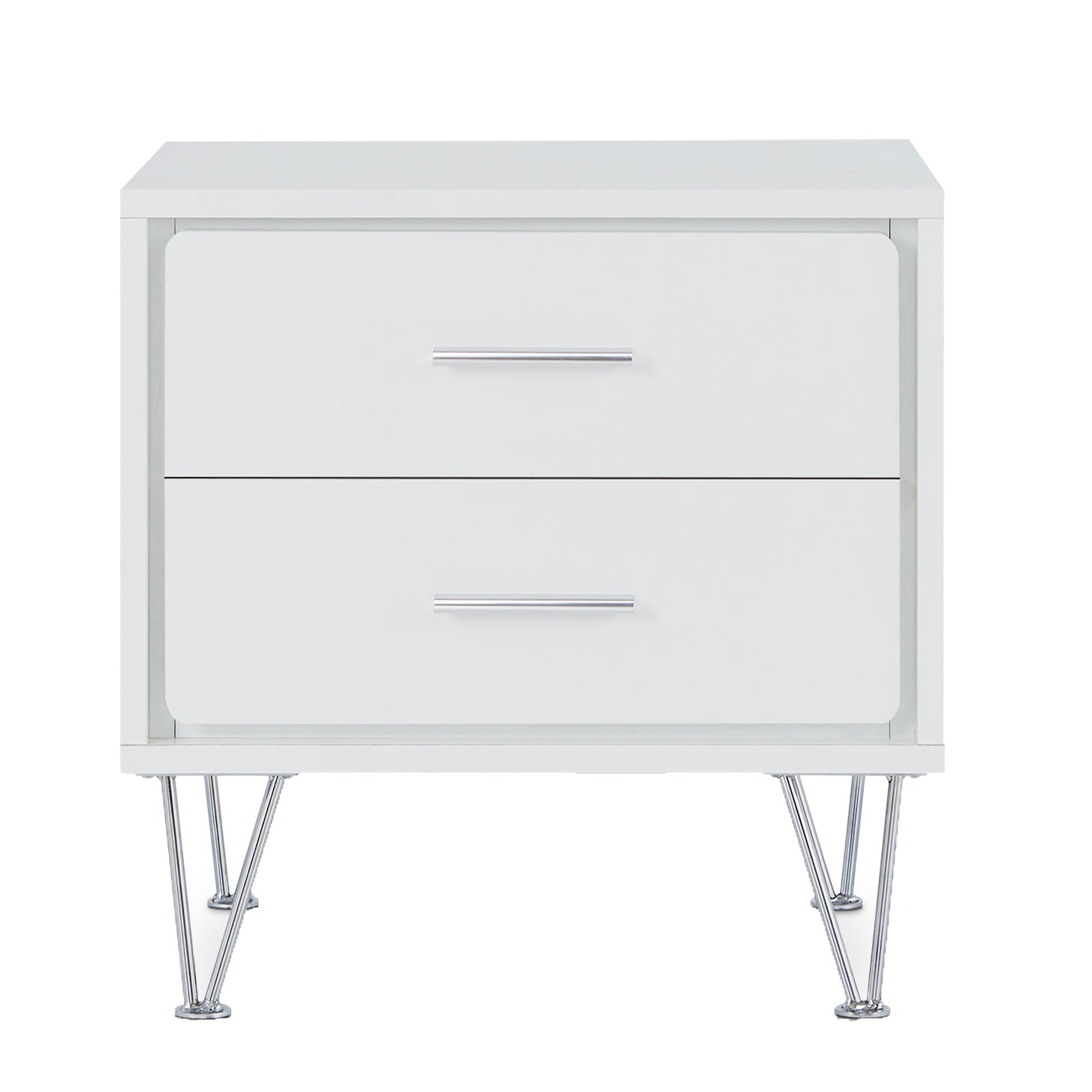 White modern nightstand with two drawers and silver hairpin legs