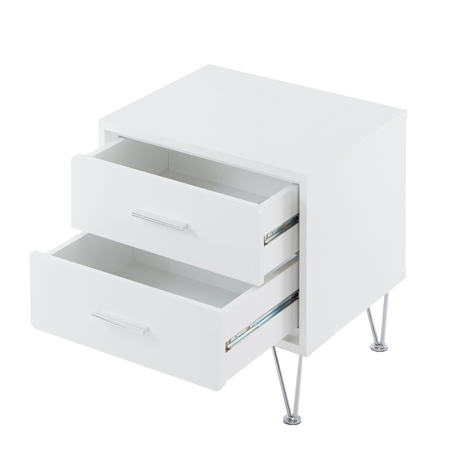 White modern nightstand with two drawers and chrome hairpin legs ideal for bedroom storage