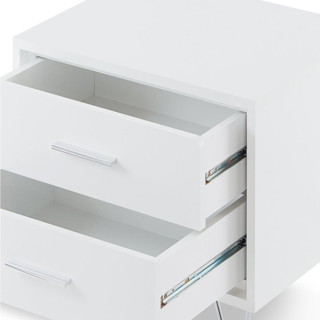 White twodrawer nightstand with silver handles and visible metal drawer slides