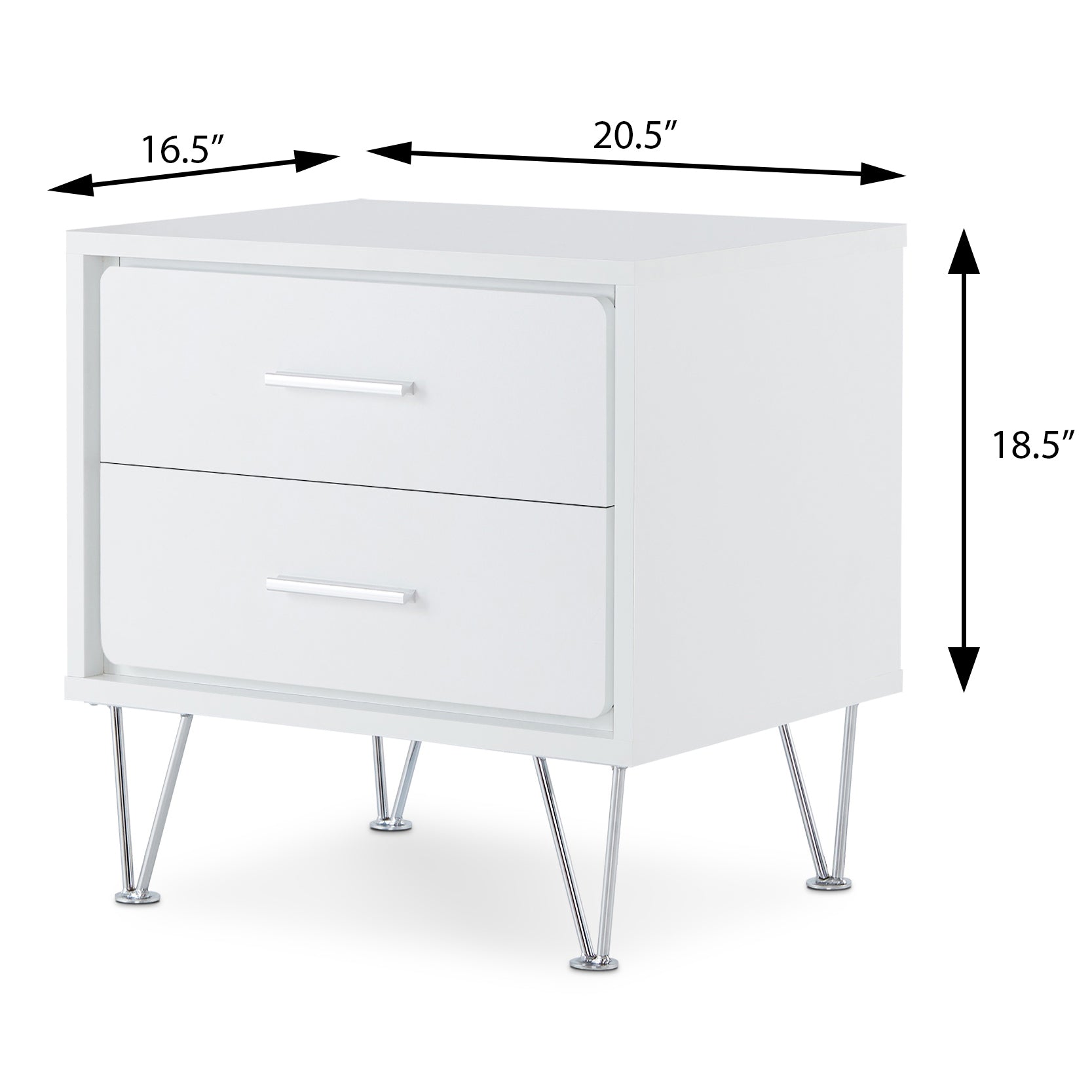 White twodrawer nightstand with chrome hairpin legs and silver bar pulls midcentury modern style