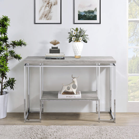 Slim profile grey wood grain console table with chrome legs and decorative bull accent