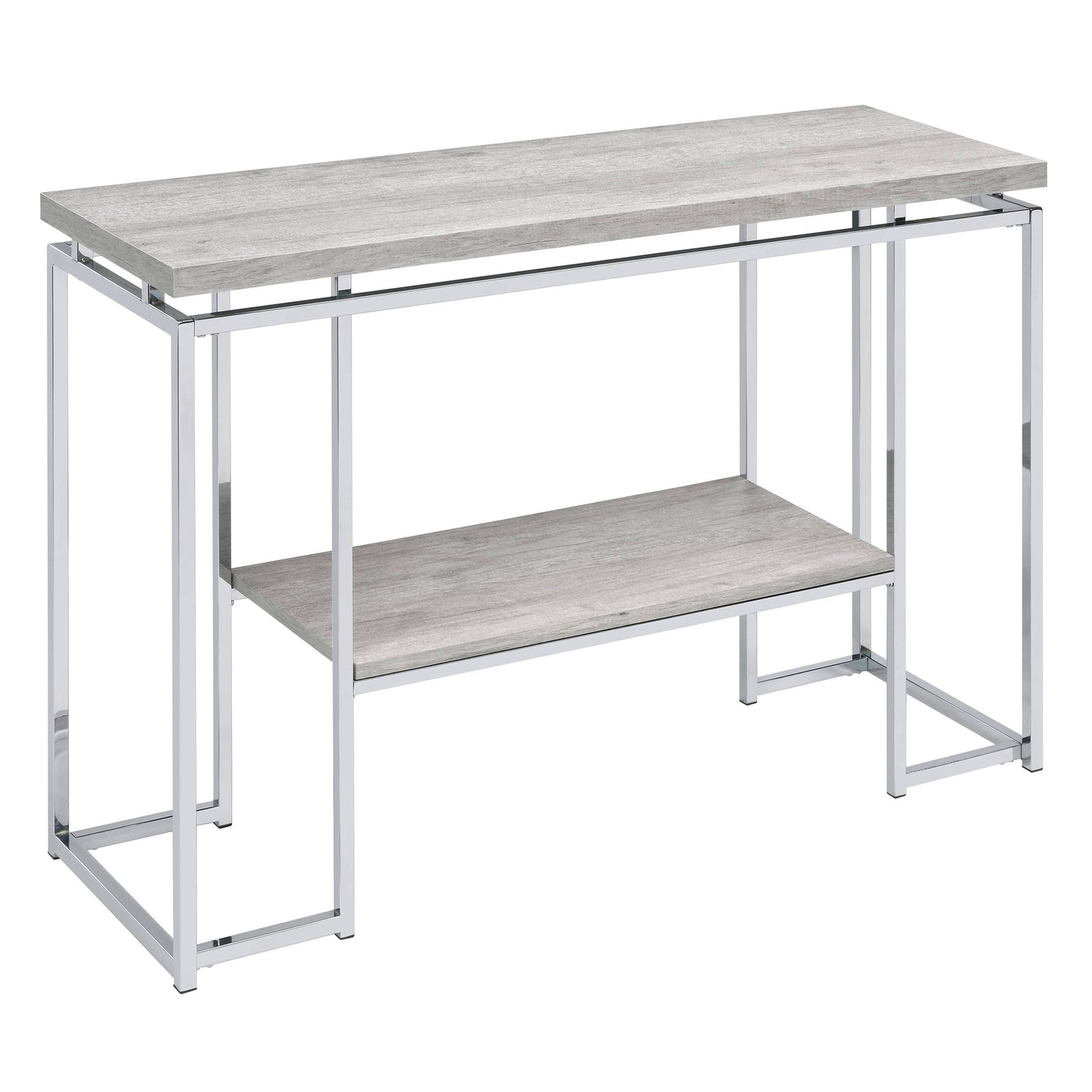Modern console table with grey wood grain finish and chrome legs