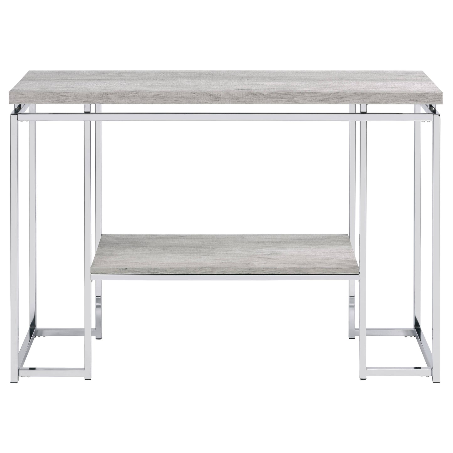 Slim modern console table with light grey wood top and shelf on chrome frame
