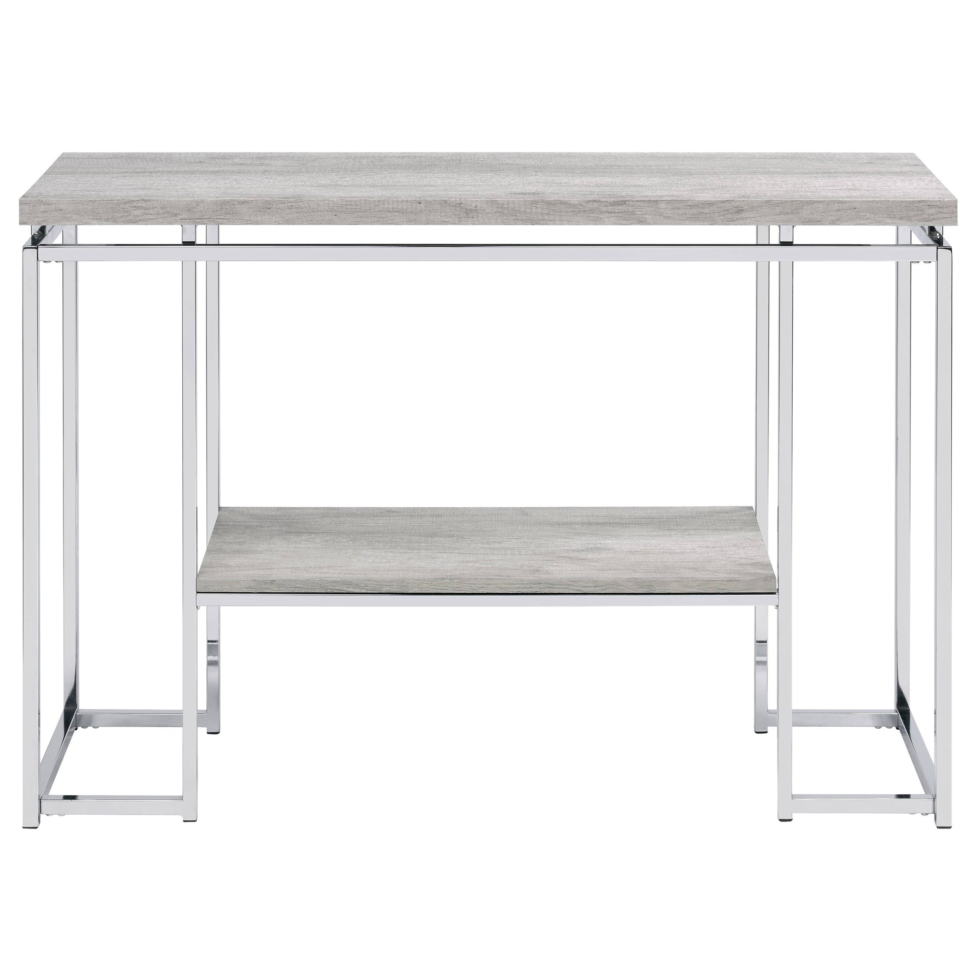 Slim modern console table with light grey wood top and shelf on chrome frame