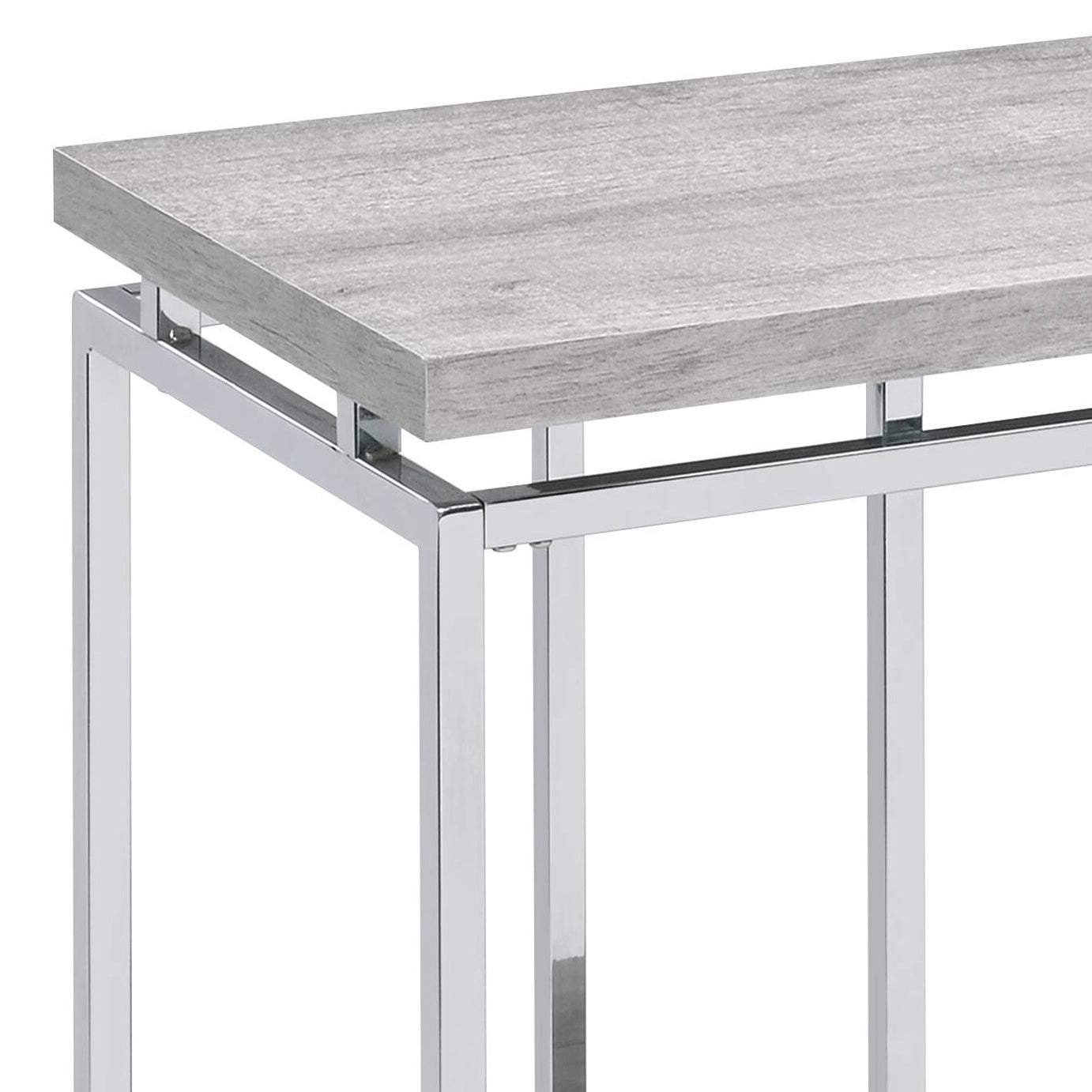 Sleek gray wood top accent table with polished chrome metal legs