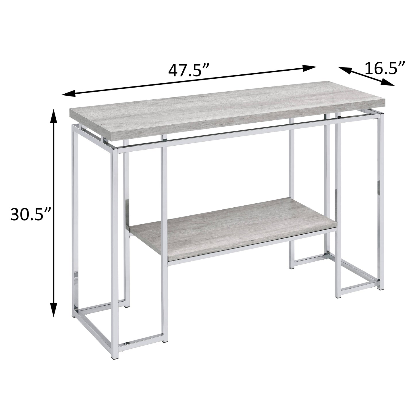 Gray woodgrain console table with chrome frame two shelves  H