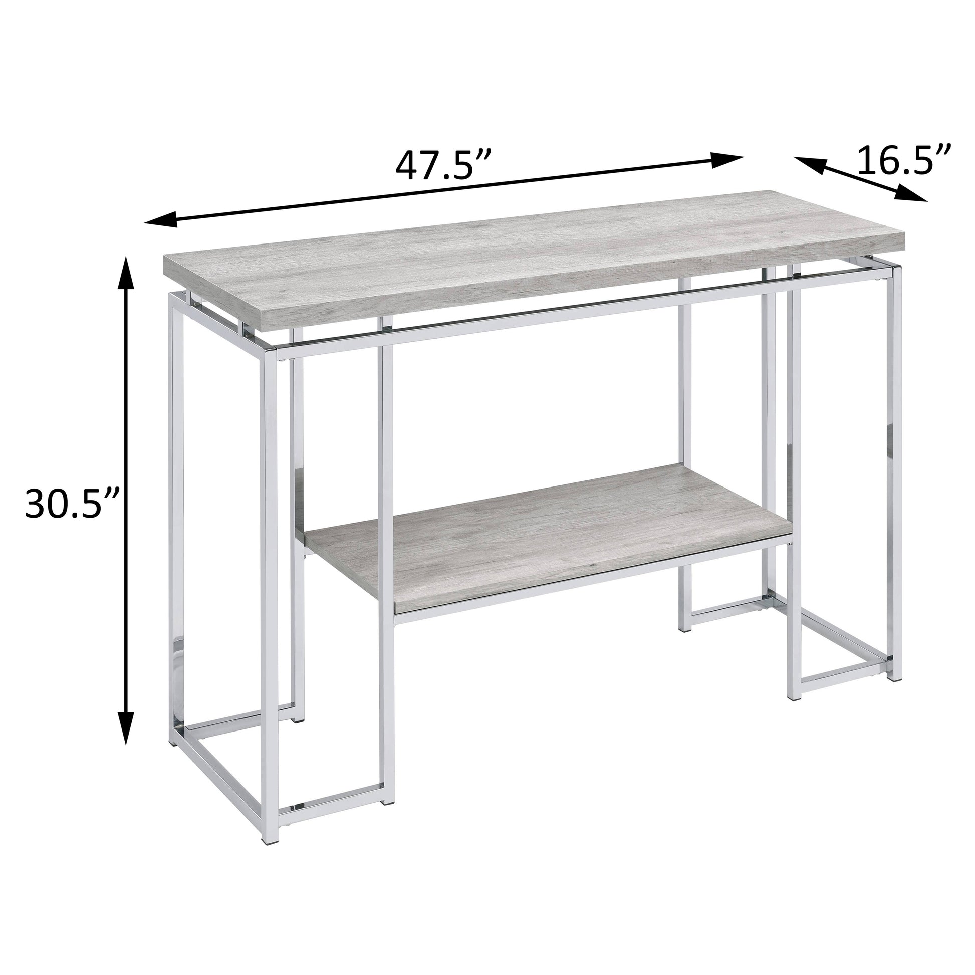 Gray woodgrain console table with chrome frame two shelves  H