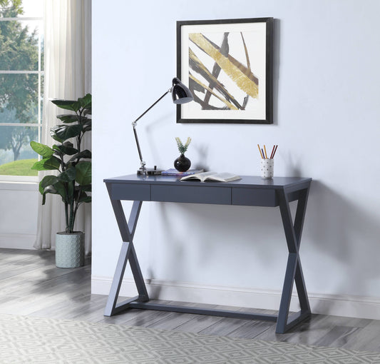 Modern dark grey desk with Xshaped legs and three drawers for home office