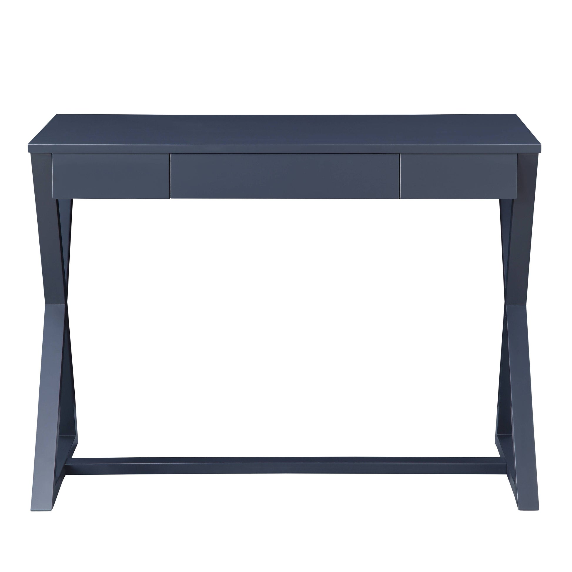 Dark blue modern desk with two drawers and unique crossleg design