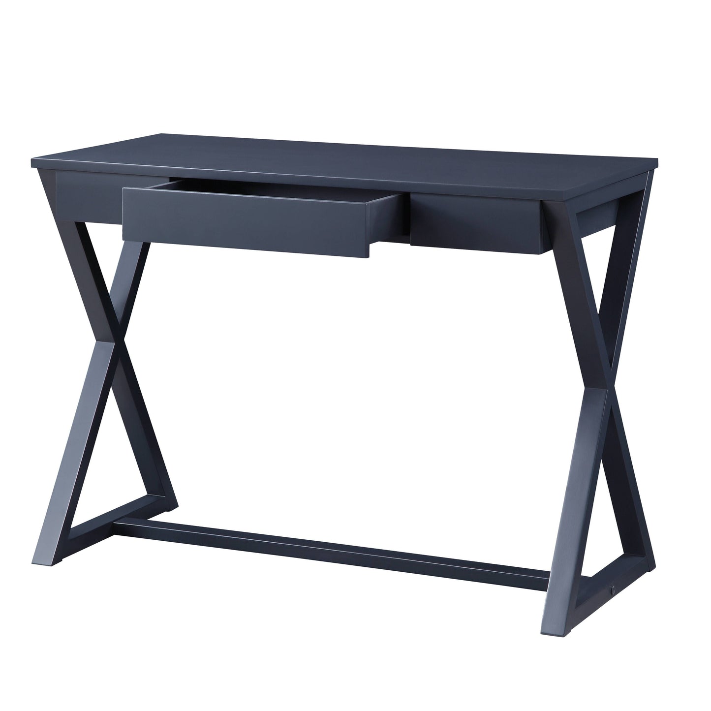 Dark grey modern desk with open drawer and crisscross metal legs for a home office