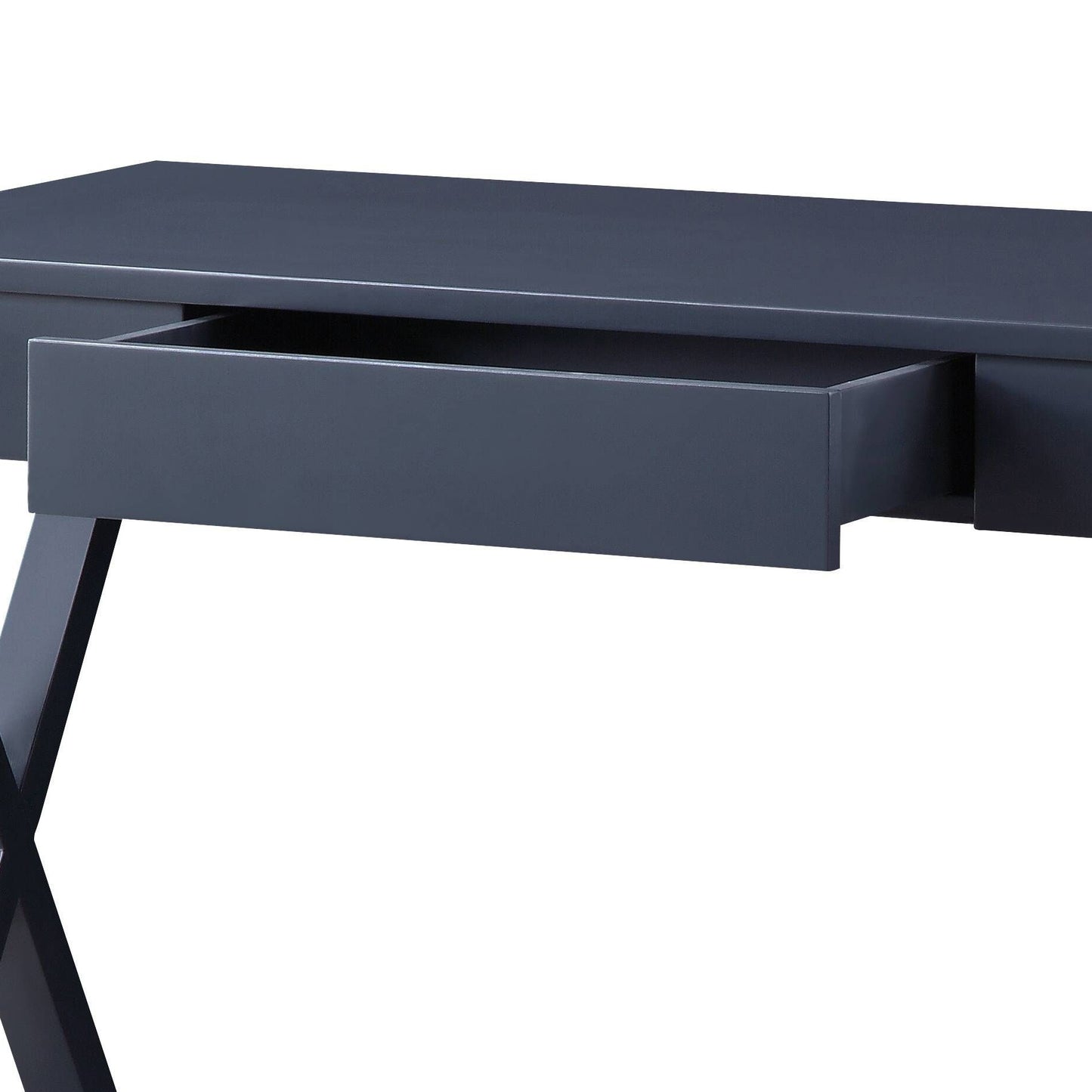 Sleek dark gray modern desk with an open drawer and minimalist legs