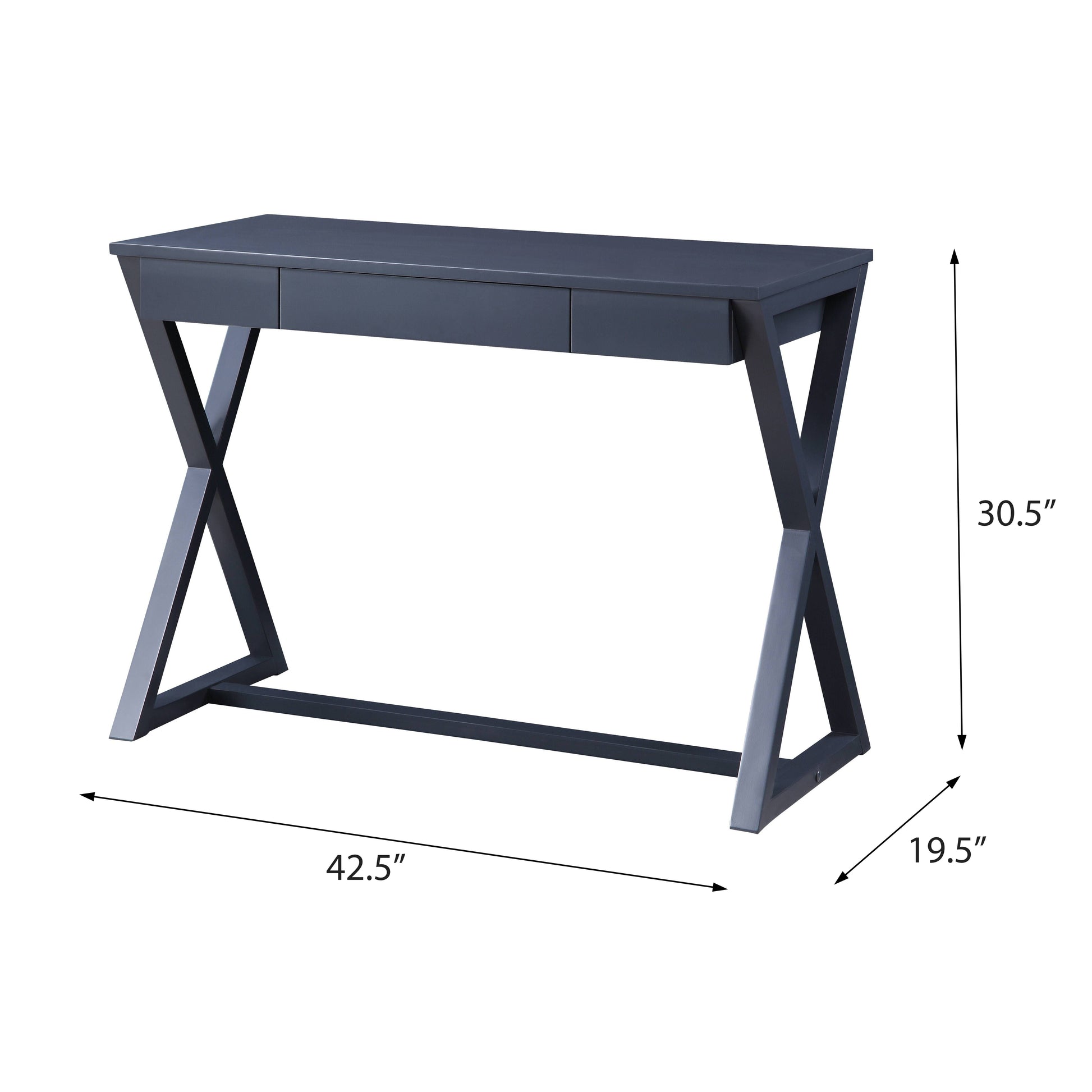 Modern dark gray desk with Xshaped legs and three drawers perfect for home office setups