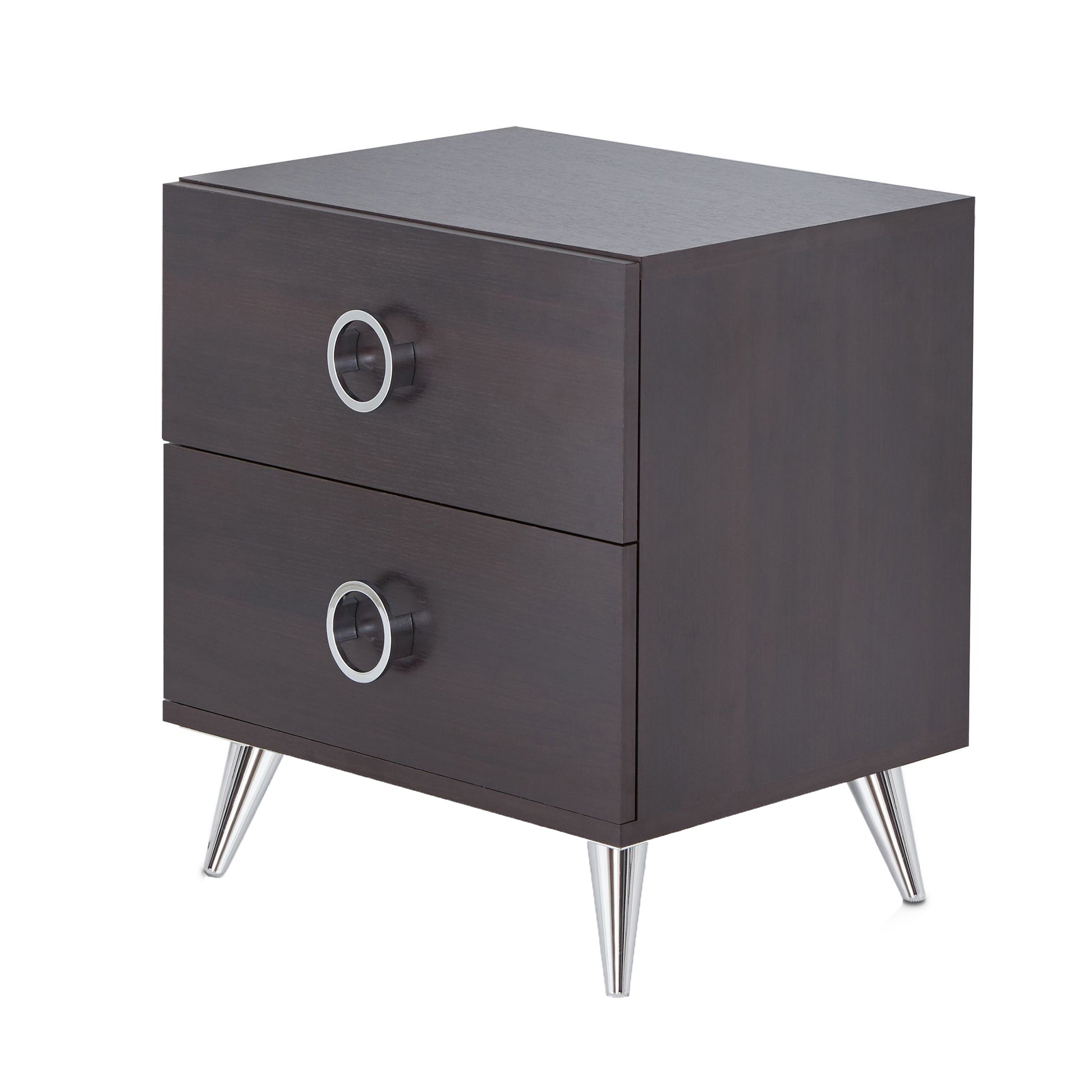 Dark brown wood nightstand with two drawers and silver ring pulls Modern bedroom furniture