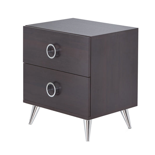 Dark brown wood nightstand with two drawers and silver ring pulls Modern bedroom furniture