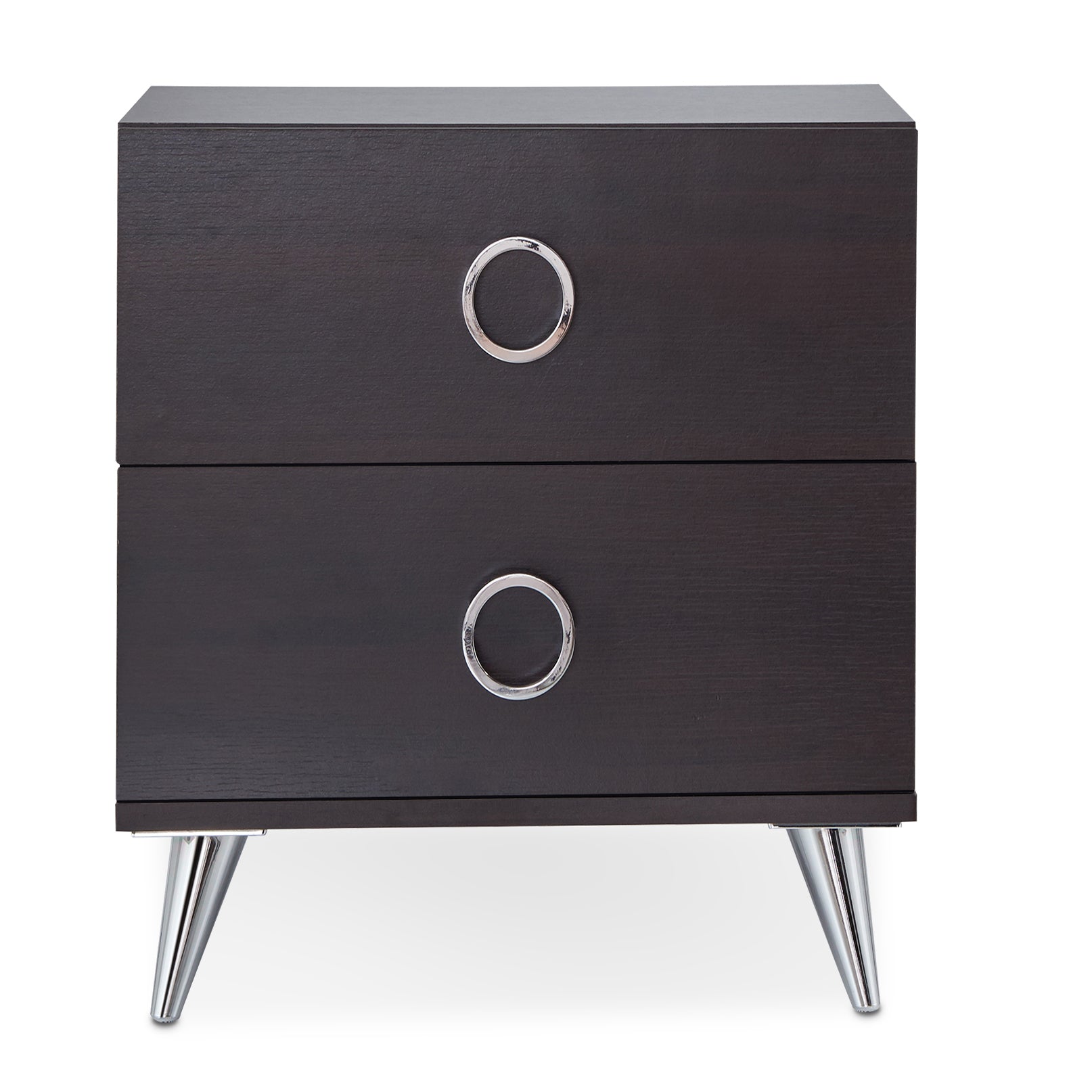 Dark wood nightstand with two drawers and silver ring pulls on chrome legs