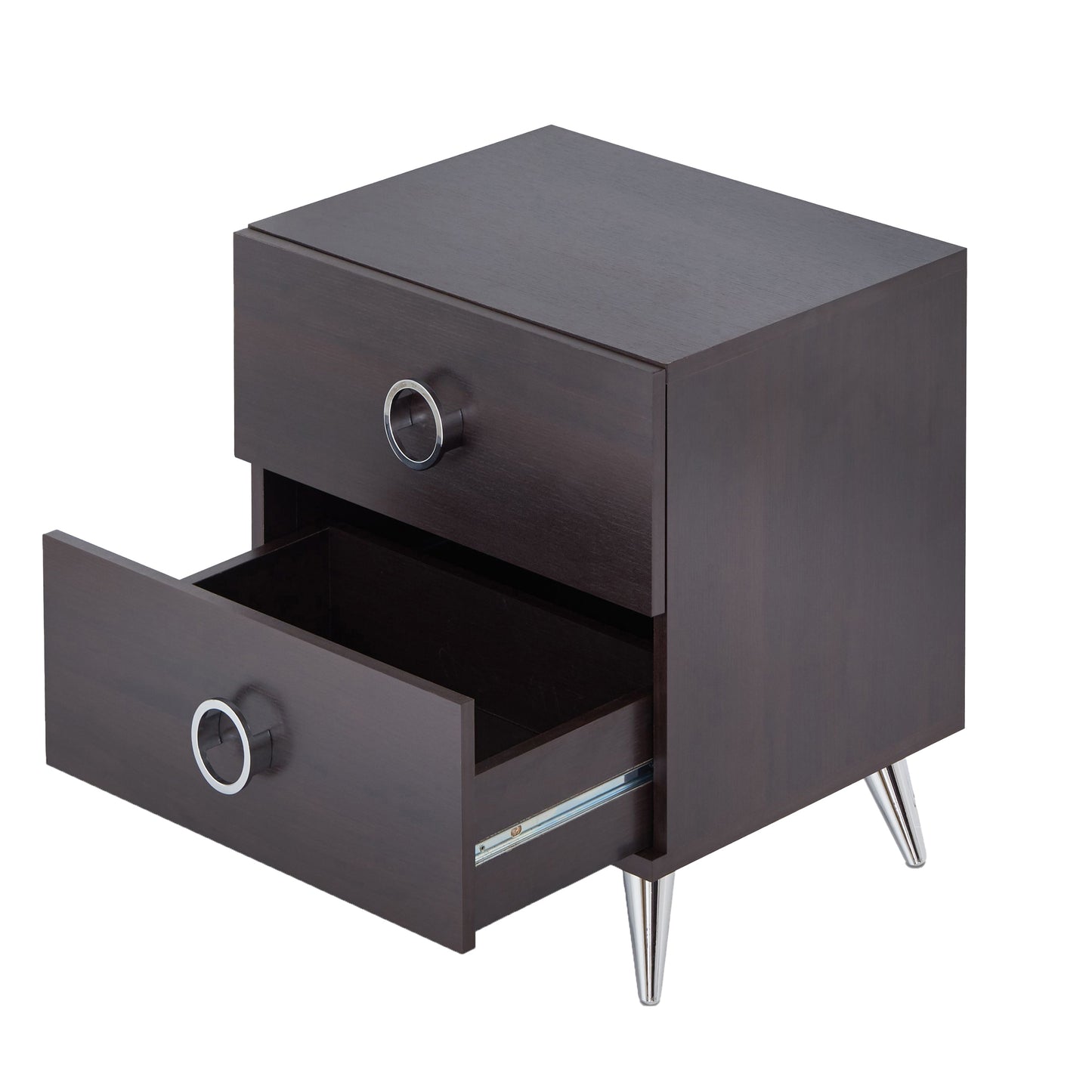 Dark wood bedside table with two drawers and chrome legs