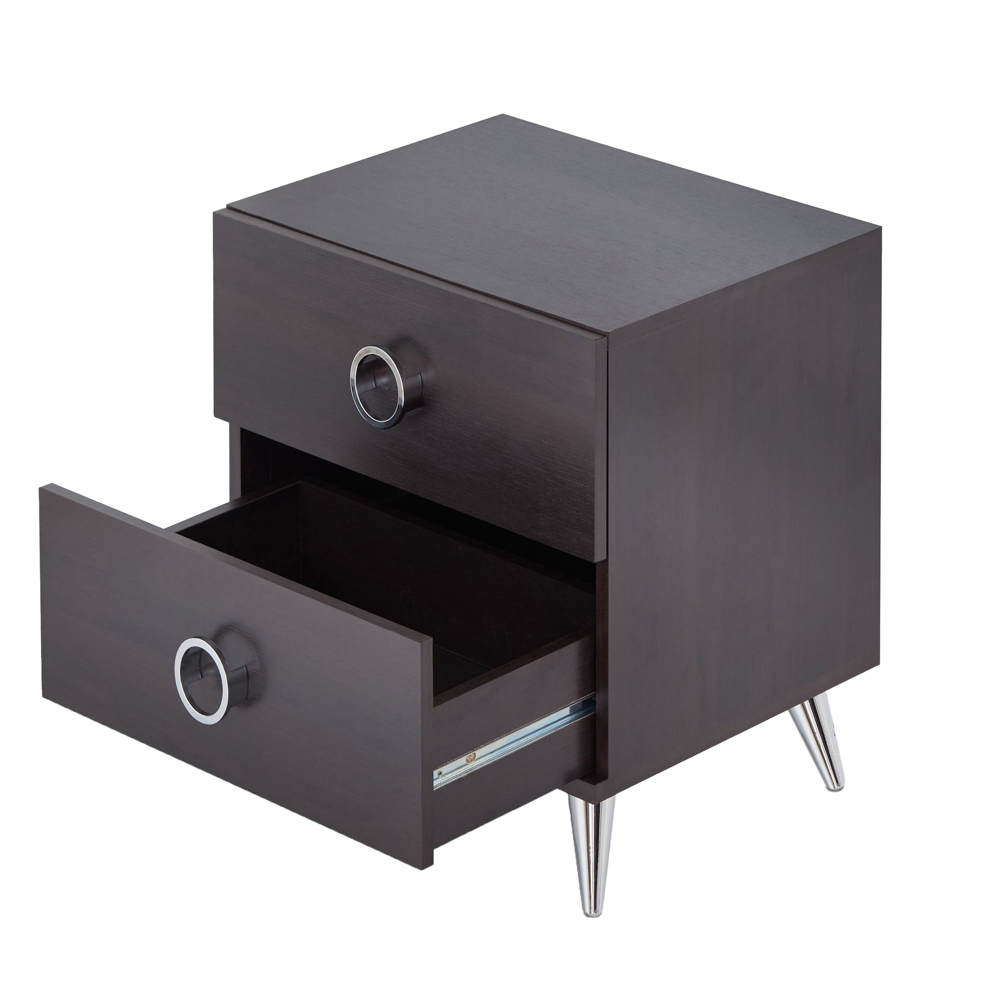 Dark wood bedside table with two drawers and chrome legs