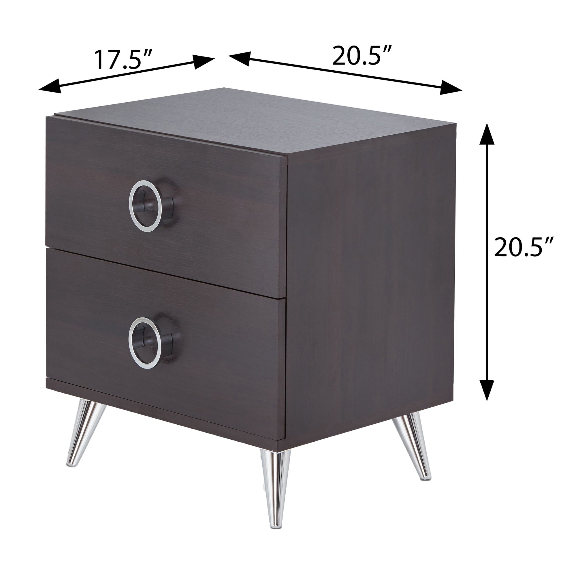 Dark wood nightstand with two drawers featuring silver ring pulls and tapered chrome legs