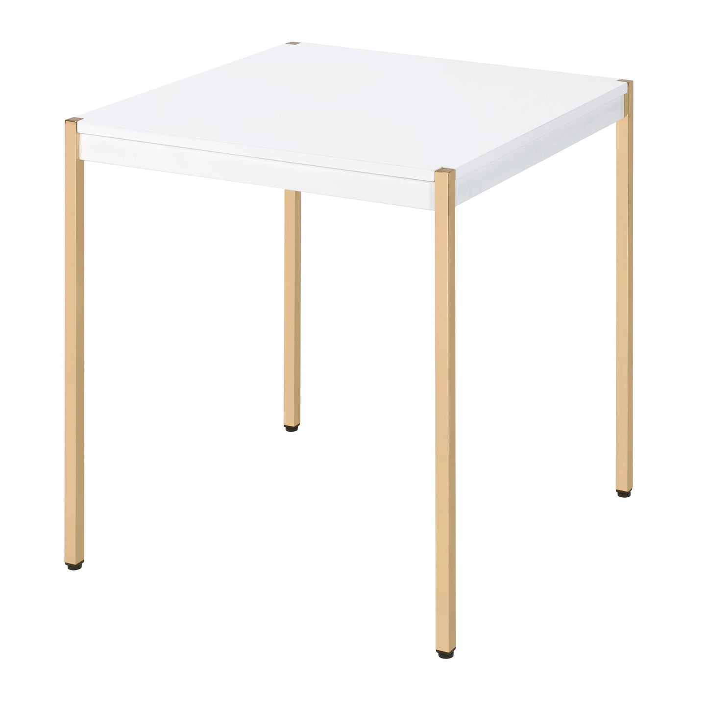 White square dining table with gold metal legs and corner accents