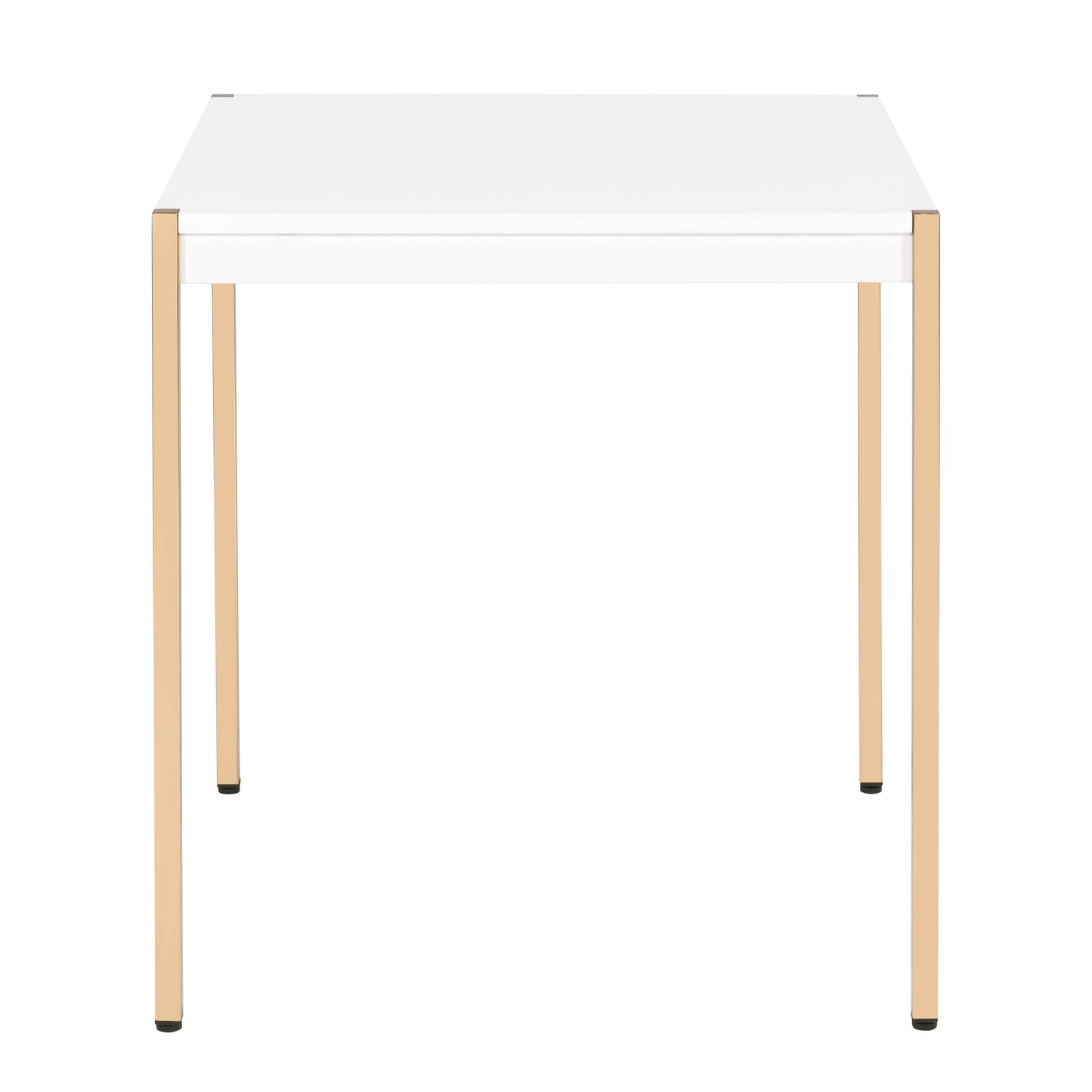 Modern white square table with gold metal legs ideal for compact dining spaces