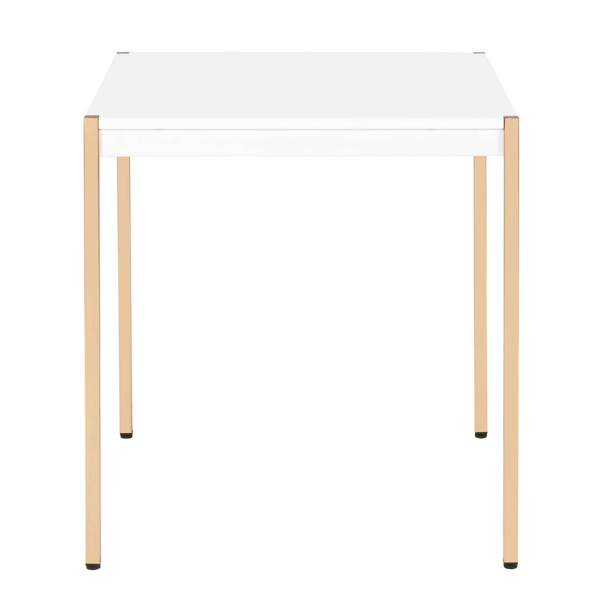 Modern white square table with gold metal legs ideal for compact dining spaces