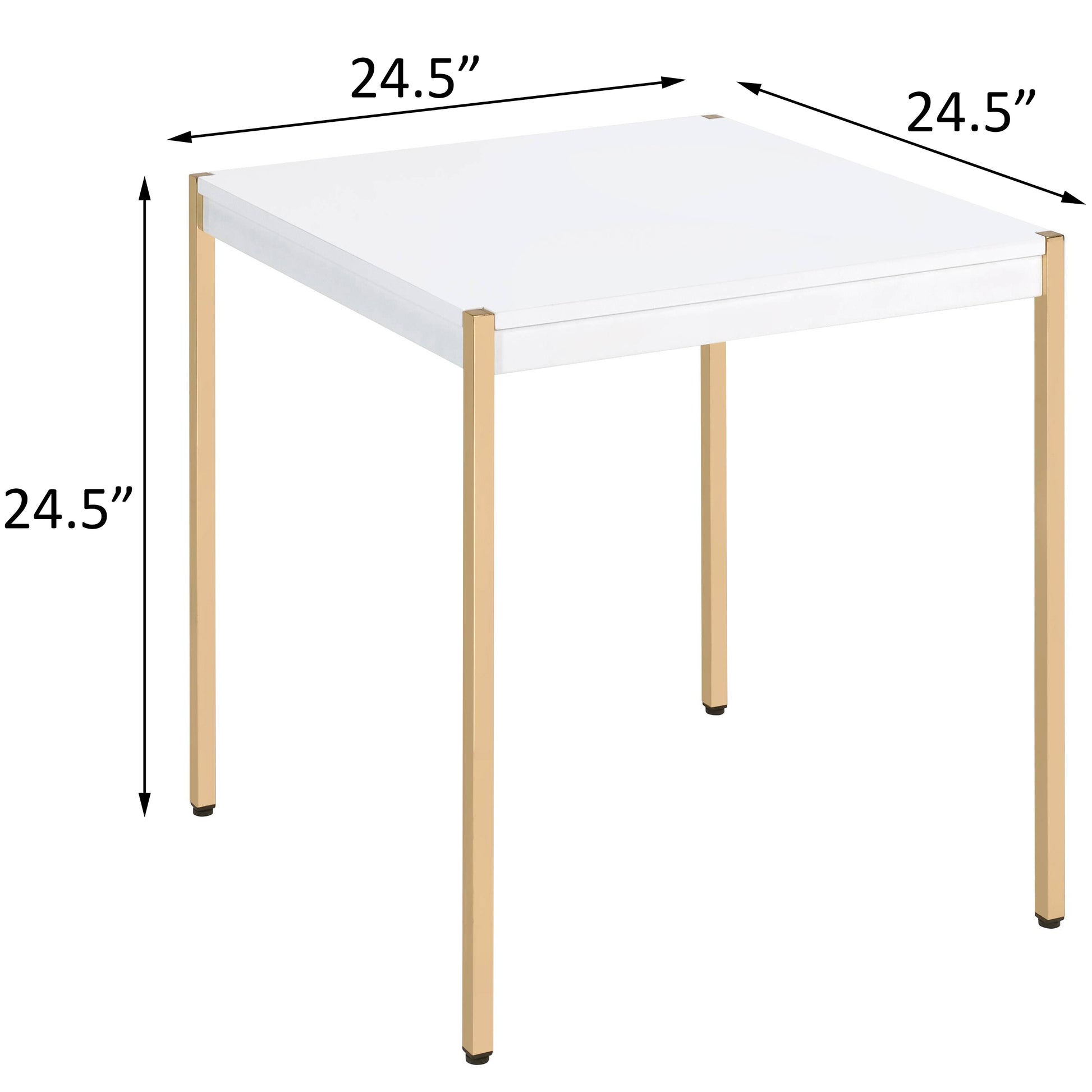 White square table with gold metal legs and dimensions  x