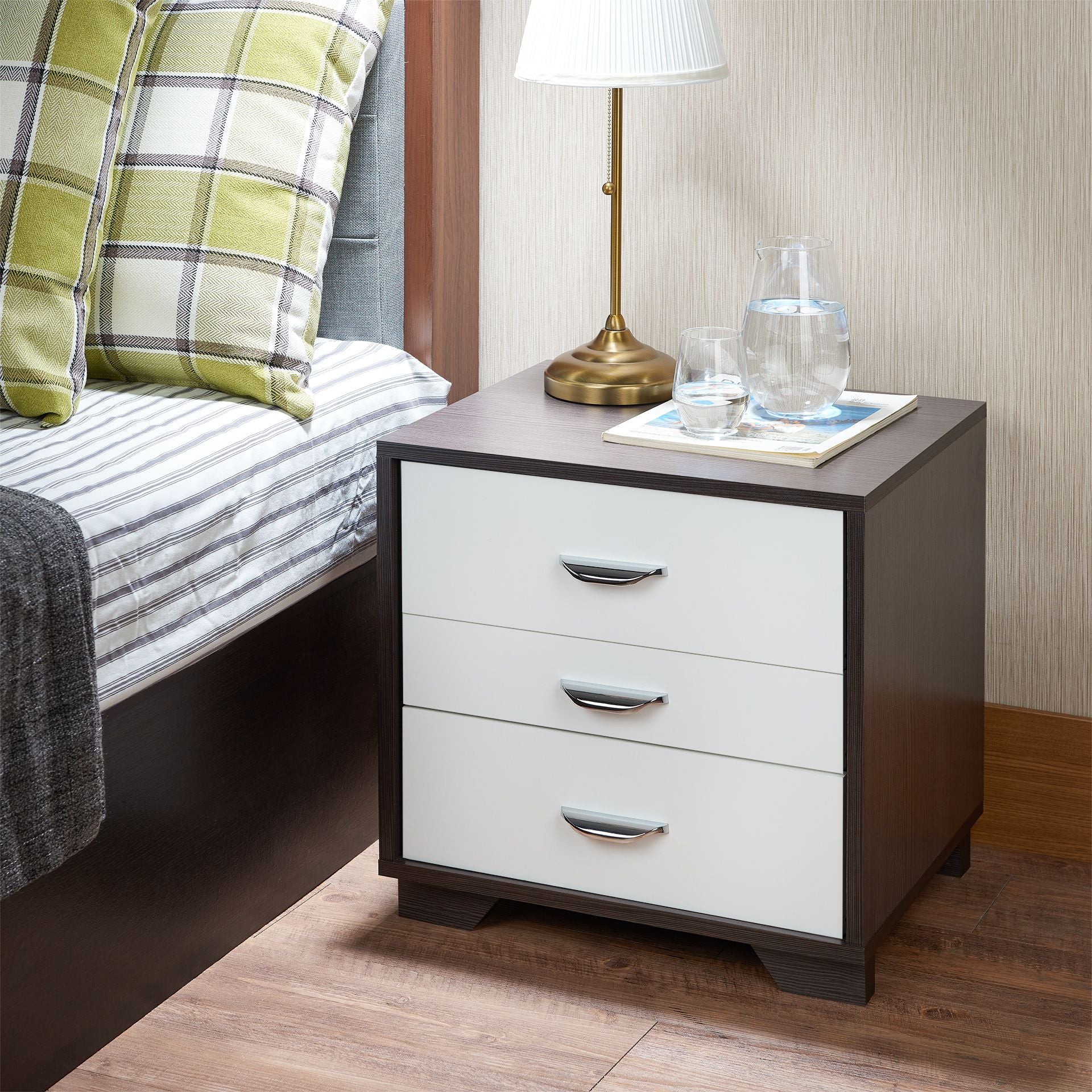 Dark wood and white threedrawer nightstand with metal handles