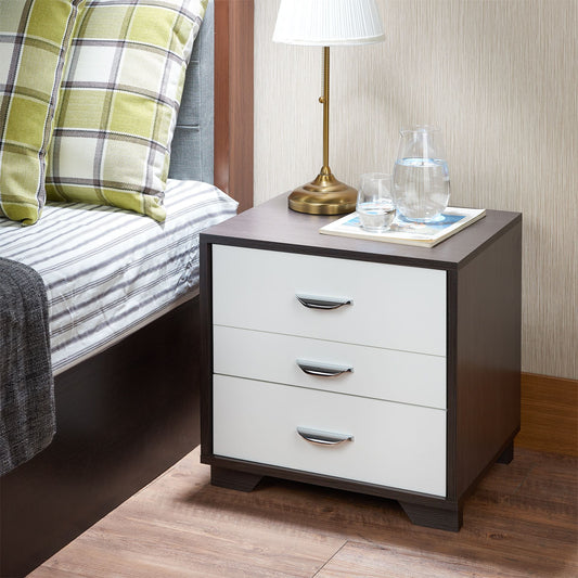 Dark wood and white threedrawer nightstand with metal handles