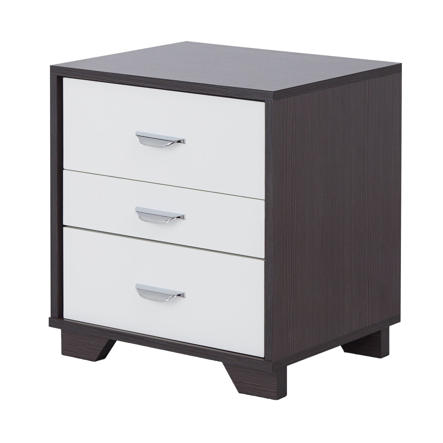 Modern dark wood and white threedrawer nightstand with chrome handles