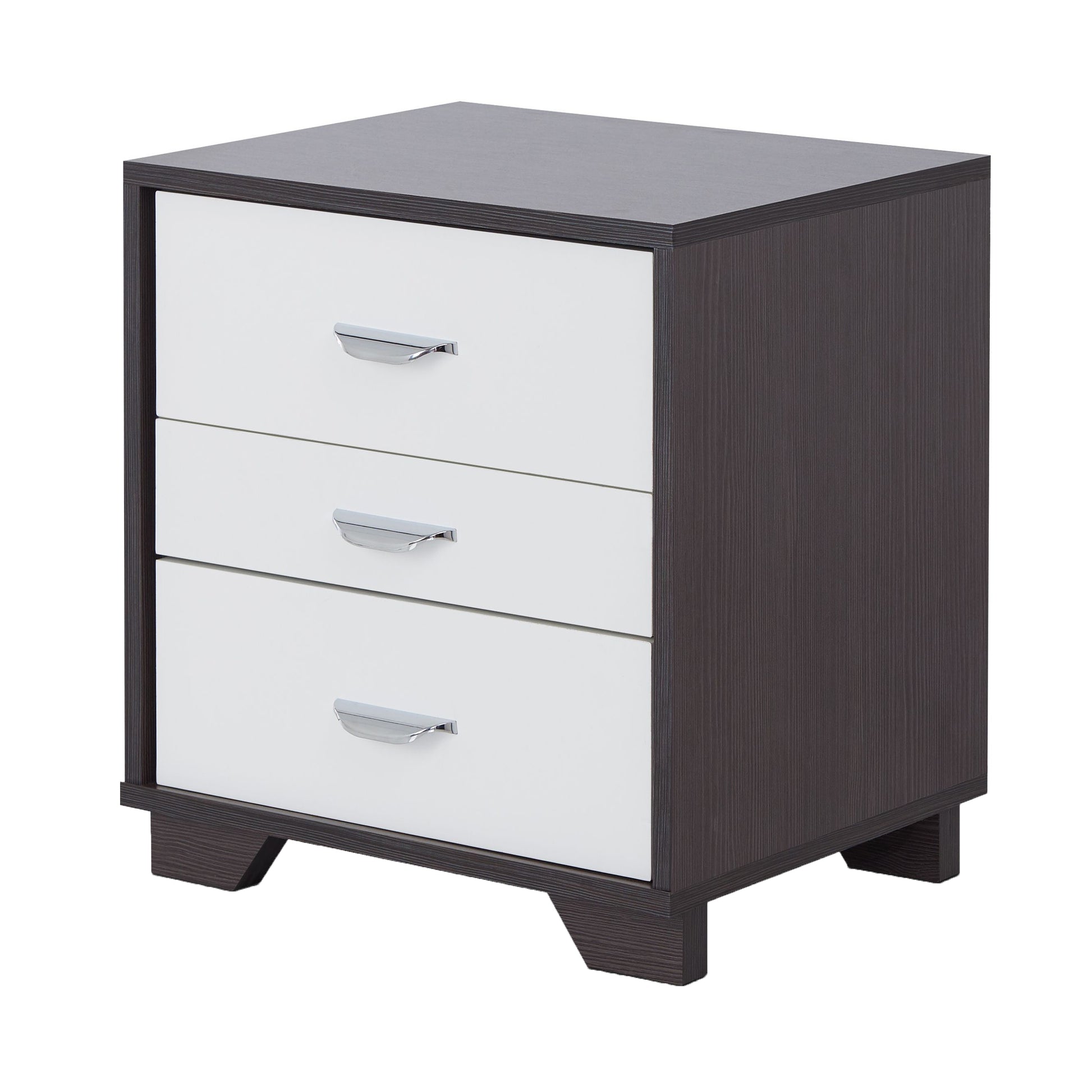 Modern dark wood and white threedrawer nightstand with chrome handles