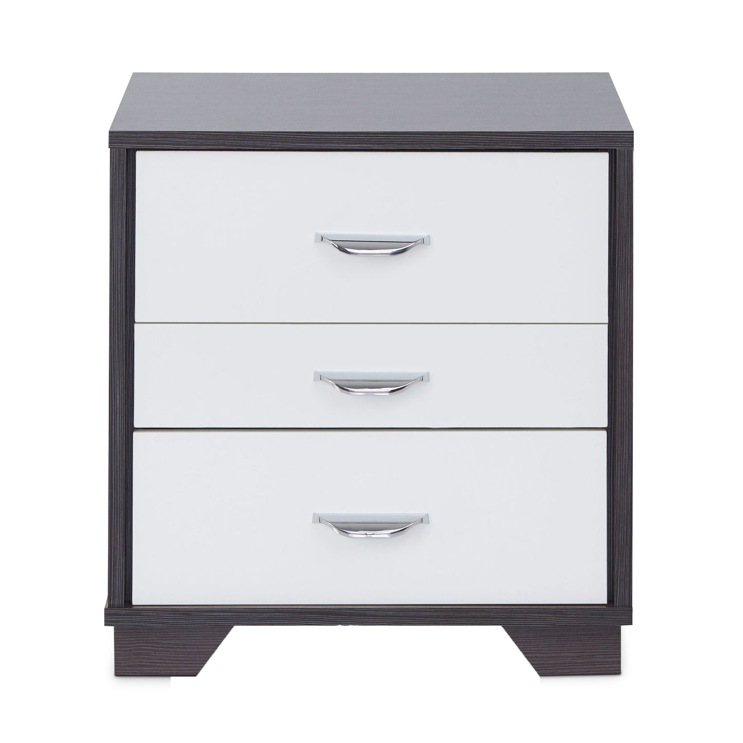 Modern nightstand with three white drawers and dark wood trim