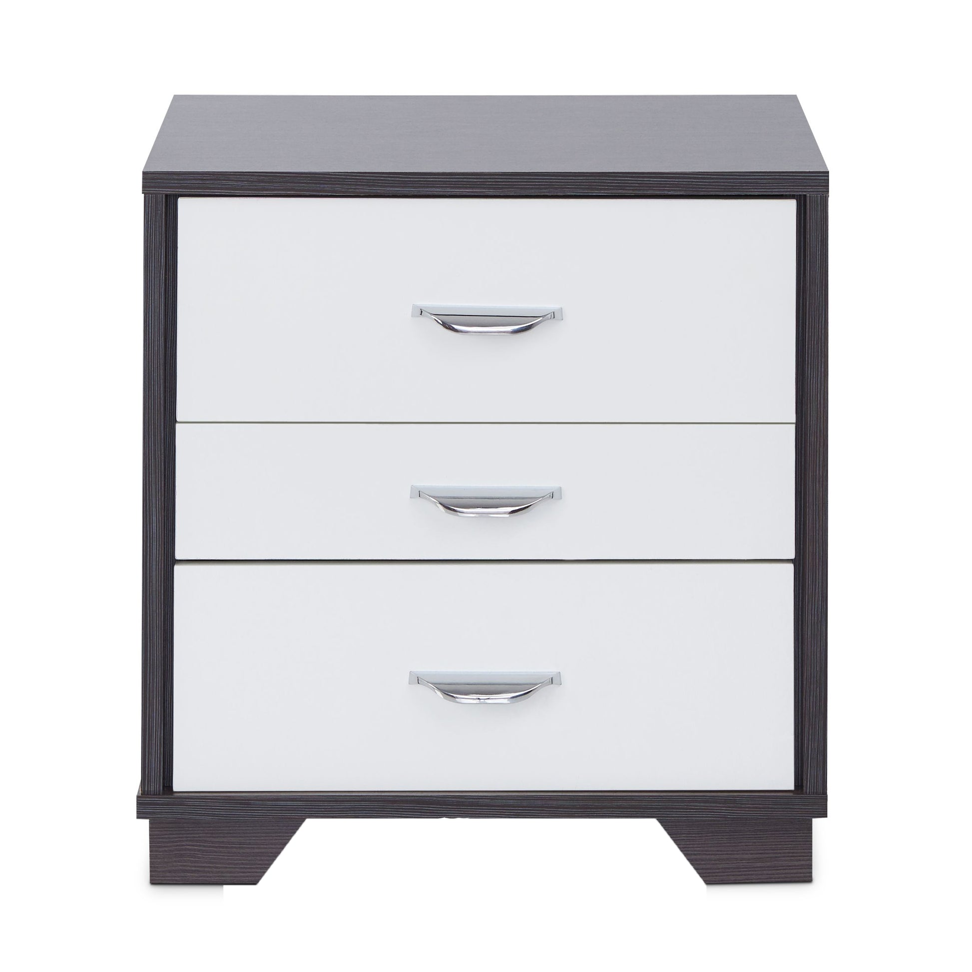 Modern nightstand with three white drawers and dark wood trim