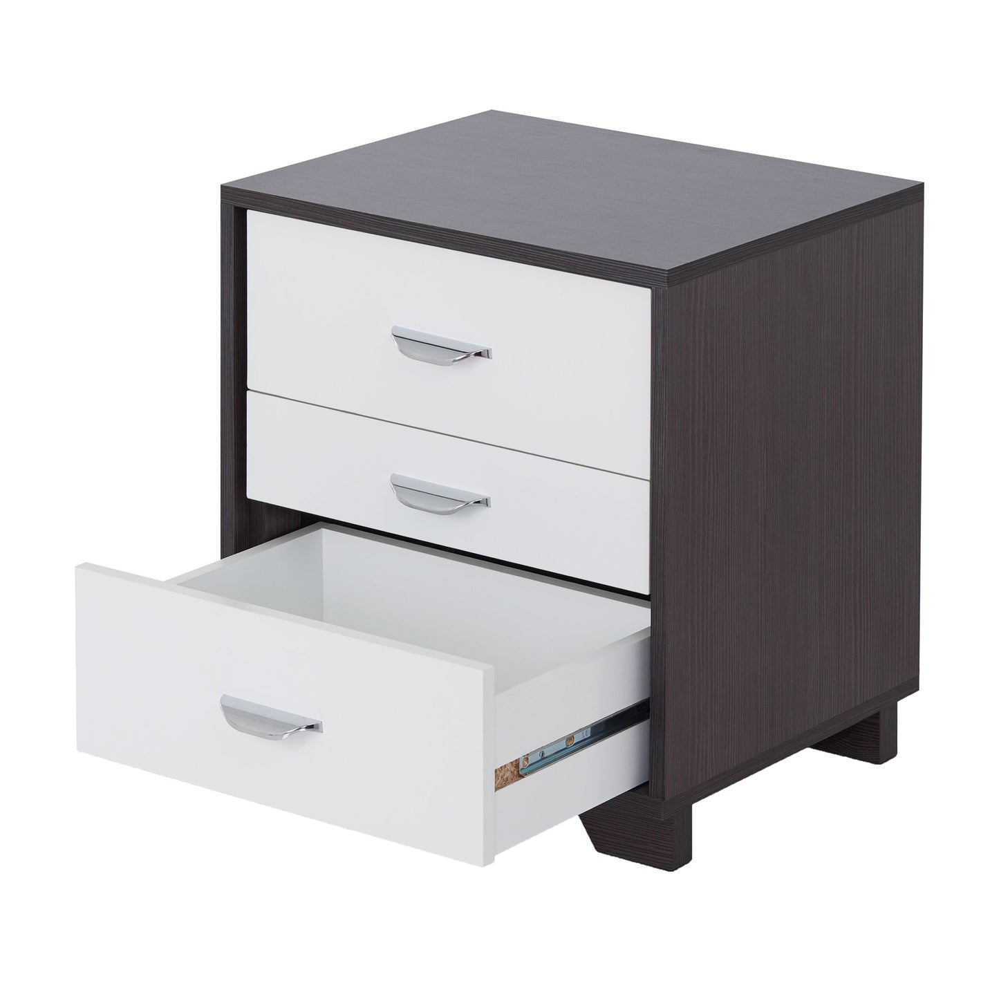 Dark wood and white drawer nightstand with chrome handles one drawer open